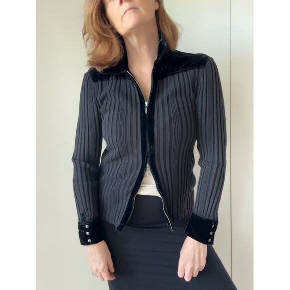 Y2K KNit Zipper Cardigan Velvet Collar Size large Dark Gothic Grunge Vampire - Picture 1 of 11